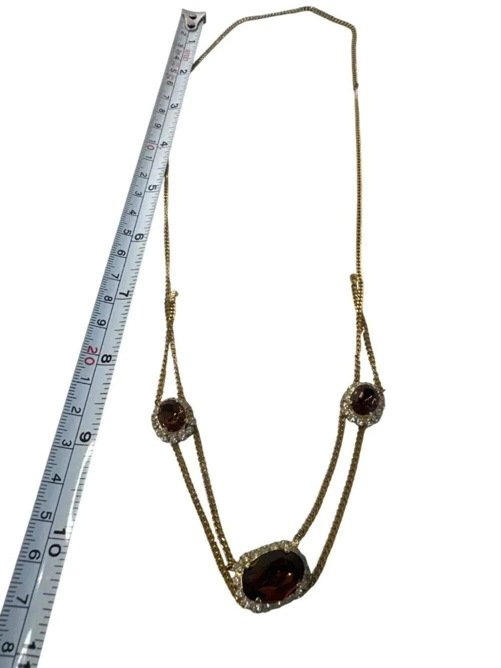 Gold-Tone Necklace Brown Rhinestone Accents Double Chain Elegant Old Hollywood